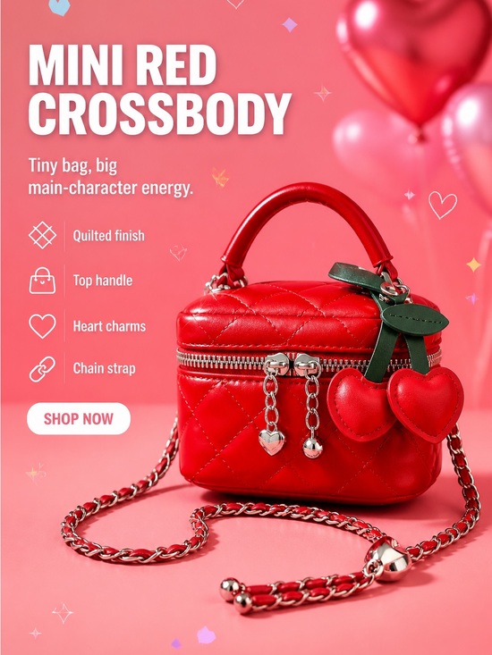 Handbags - Mini Red Quilted Crossbody Bag with Heart Charms